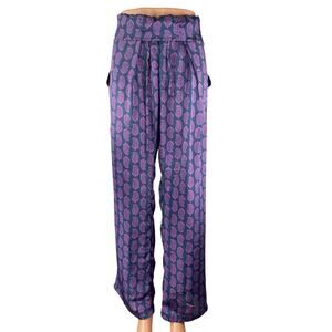 NEW Natura Women's Purple Silky Satin Paisley Pleated Straight Trousers Pants XL